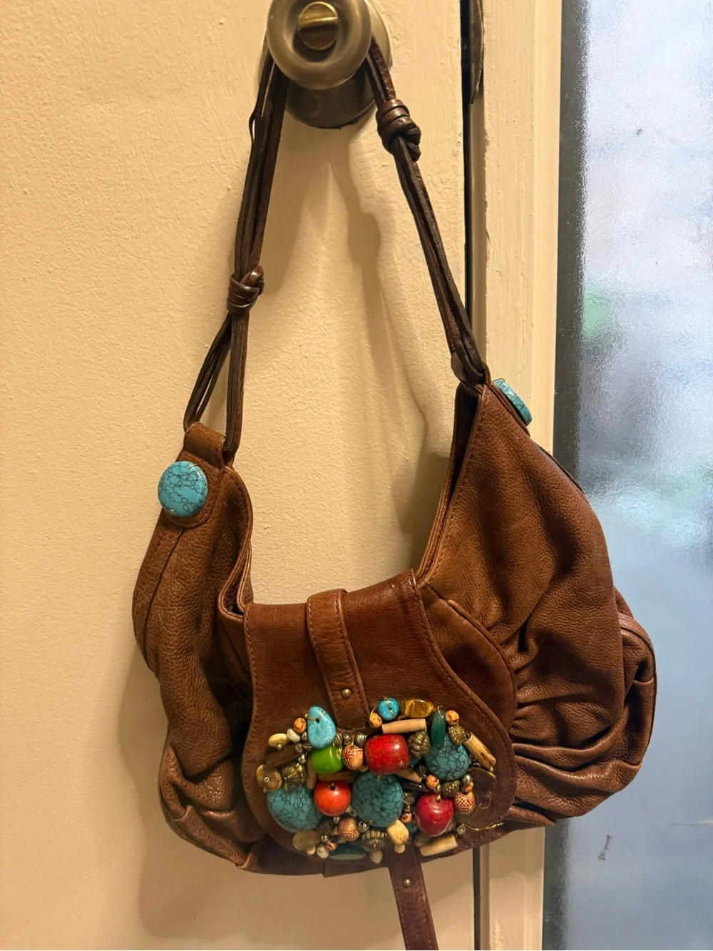 Boho Brown Leather Shoulder Bag with Turquoise & Coral Embellishments Cole Haan